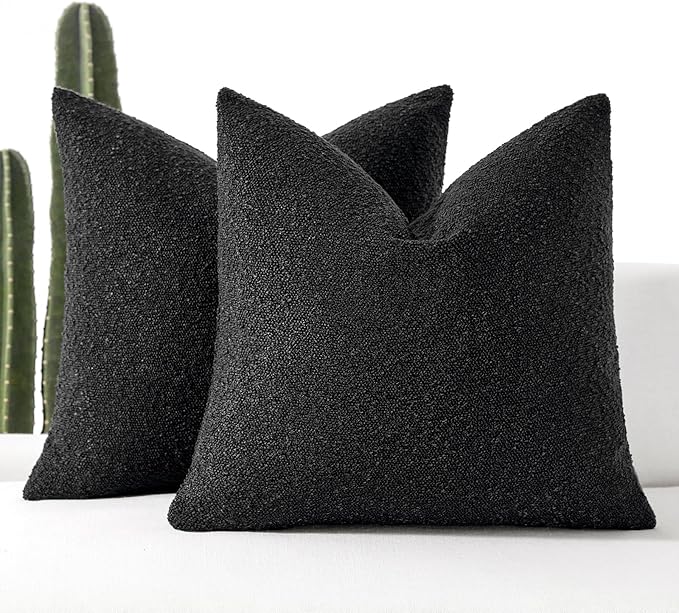 Boucle Decorative Throw Pillow Covers for Couch Set of 2, 22x22 inches, Black