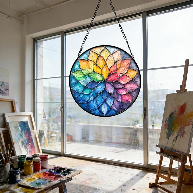 DASTOLL Stained Glass Window Hanging, Colorful Flower Petals Sun Catchers Diamond Glass Panel Hangings Suncatcher Decor for Birthday for Women, Men, Wife, Aunt, and Mom 6.3 in