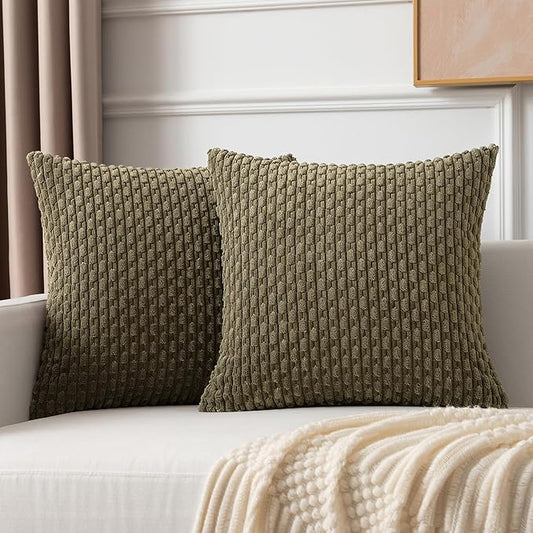 Kevin Textile Pack of 2 Corduroy Decorative Throw Pillow Covers 20x20 Inch Soft Boho Striped Pillow Covers Modern Farmhouse Home Decor for Sofa Living Room Couch Bed Olive Green