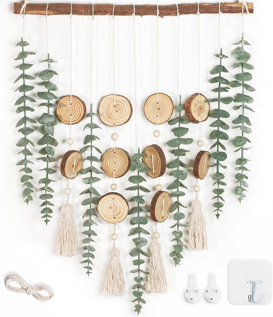 Artificial Eucalyptus Wall Hanging Decor - Fake Eucalyptus Greenery Leaves Stems Wall Hanging Plants with Wooden Stick Boho Rustic Farmhouse Decor for Bathroom Bedroom Office Living Room