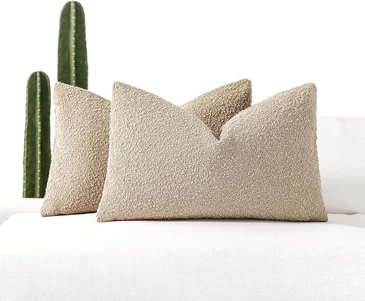 Boucle Decorative Lumbar Pillow Covers for Couch Set of 2, 12x20 inches, Oatmeal