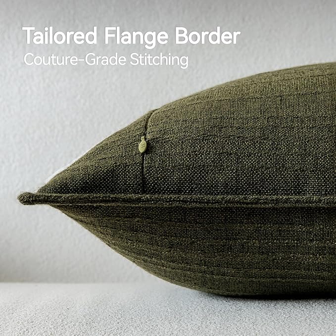 a moment Linen Pillow Covers Set of 2,Boho Farmhouse Throw Pillowcases Neutral Textured Decorative Covers for Couch Sofa,Linen Blend Accent Case Cushion Living Room Home Decor 26"x26"Dark Green