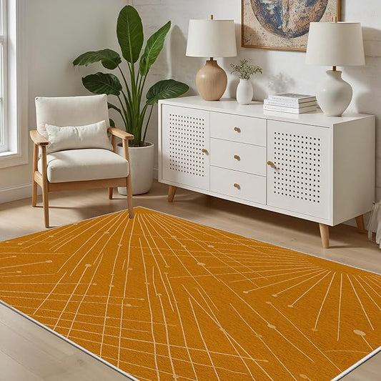Modern Washable Area Rug 8x10, Boho Minimalist Non-Slip Rugs, Abstract Striped Soft Carpet for Living Room Bedroom Nursery Room Home Decor Office, Pet Friendly, Orange Beige