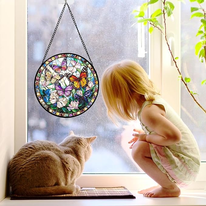 DASTOLL Stained Glass Window Hanging, Colorful Butterfly Suncatcher for Doors Home Sun Catchers Decoration and Christmas, Mother's Day Birthday Gifts for Women, Men, and Mom 7.8 in