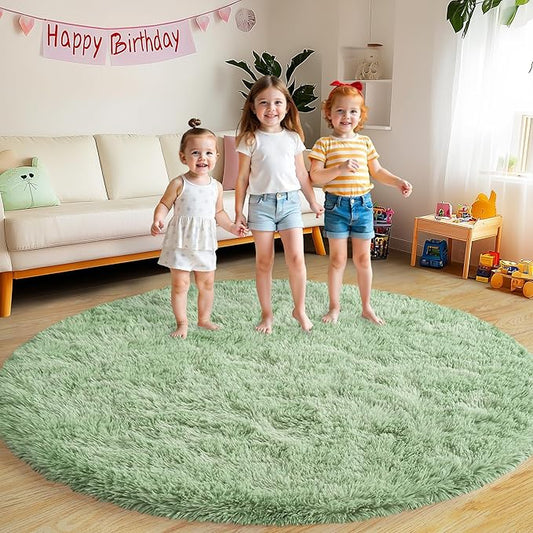 Round Fluffy for Bedroom Rugs, 6Ft Sage Green Shag Circle Rug Non-Slip for Kids Girls Boys Bedroom Dorm Nursery Playroom, Soft Cute Area Rugs for Living Room Decor
