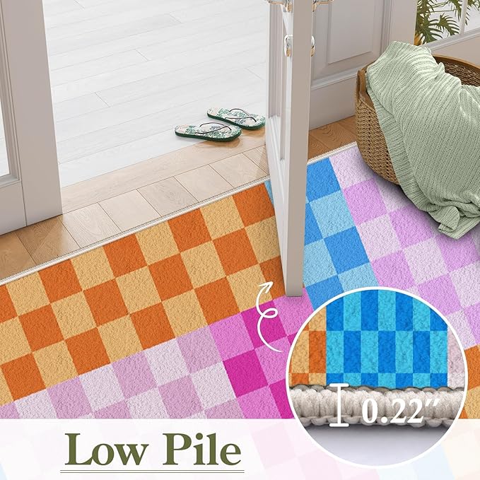 Multicolored Checkerboard Grid Runner for Entryway, 2.6x10ft, Boho Colorful Checkered Pattern Kids Playing Mat, Cozy Soft Absorbent Reduce Noise Rugs, Durable Washable Carpet for Family