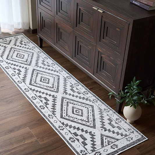 Moroccan Washable Runner Rug 2x8, Geometric Woven Area Rug, Farmhouse Boho Hallway Rug Runner, Non-Slip Soft Lightweight Throw Rug for Bedroom Living Room Laundry Kitchen, Dark Brown/White