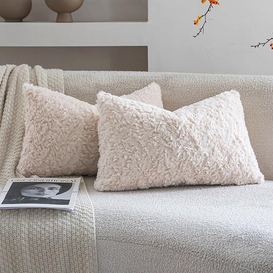 Neelvin Set of 2 Faux Fur Throw Pillow Covers 12x20 Inch Beige Cozy Soft Solid Decorative Pillowcases Thick Plush Sheepskin Cushion Case for Chair and Couch Sofa Bedroom