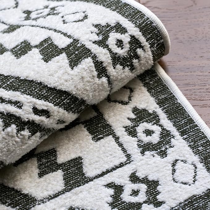 Moroccan Washable Area Rug 3x5, Geometric Tribal Decorative Woven Rug, Non-Slip Boho Farmhouse Soft Low-Pile Area Rug for Living Room Bedroom Dining Table, Olive Green/White