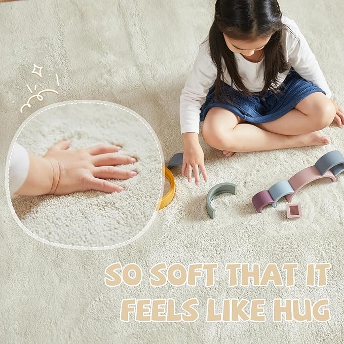 jinchan Solid Plush Area Rug 4x6 Performance Shaggy Washable Rug Indoor Soft Modern Faux Wool Cozy Non Slip Carpet for Living Room Kids Room Bedroom Dining Room Nursery Ivory