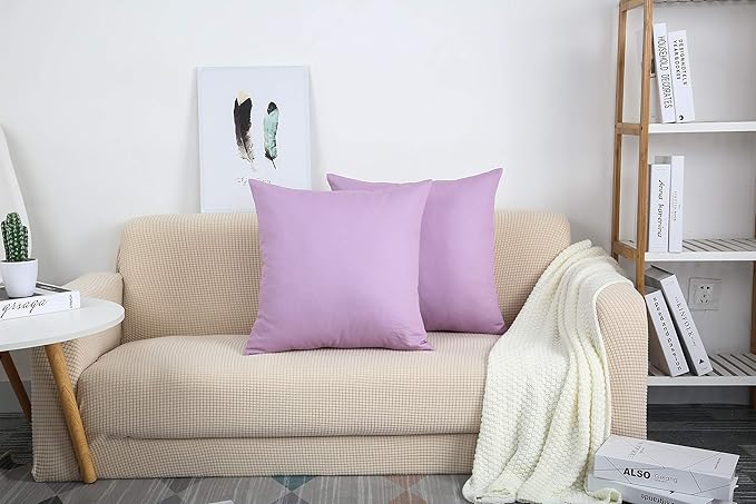 TangDepot Set of 2 Handmade Decorative Solid 100% Cotton Canvas Throw Pillow Covers/Cushion Covers, 45 Colors Available - (20"x20" 2 Pieces, Light Purple Lavende)