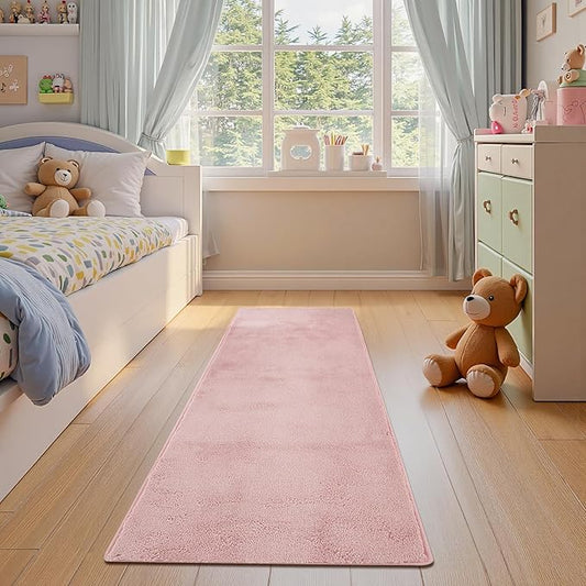 jinchan Solid Plush Runner Rug 2x6 Performance Shaggy Washable Hallway Rug Soft Modern Faux Wool Cozy Non Slip Carpet for Bedroom Laundry Room Living Room Kids Nursery Pink