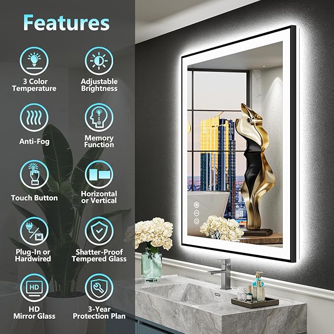 36x36 Black Framed LED Bathroom Mirror with Lights, Backlit & Front Lit, Anti-Fog Lighted Vanity Mirrors for Bathroom Wall, Dimmable, 3 Colors, Memory, Shatter-Proof, Tempered Glass, CRI＞90