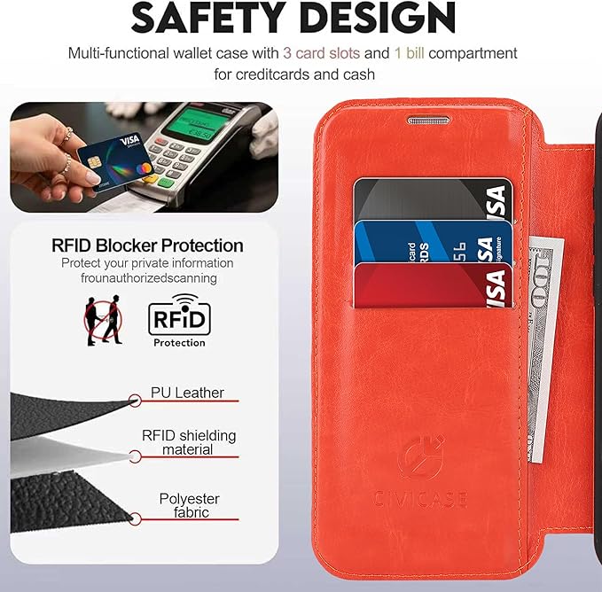 CIVICASE for iPhone 17 Wallet Case with Stand,PU Leather Flip Credit Card Holder Slots (RFID Blocking),Compatible with Magsafe Magnetic Holder Phone Cover Women Men,Orange