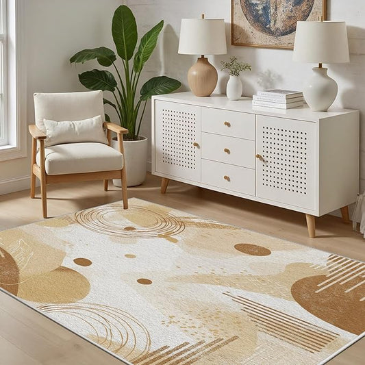 Minimalist Abstract Area Rug 7x10 Beige Boho, Modern Washable Geometric Art Carpet, Soft Non-Slip Low-Pile Carpet for Living Room, Bedroom, Kitchen, Dining Room, Pet Friendly, Non-Shedding, Brown