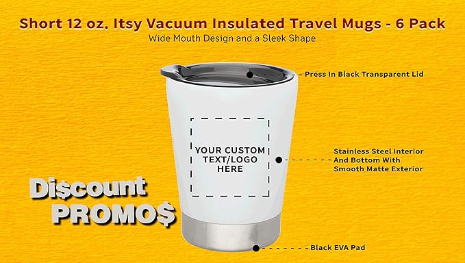 Personalized 12 oz. Itsy Vacuum Insulated Travel Mugs - 6 Pack - Custom Text, Logo - White