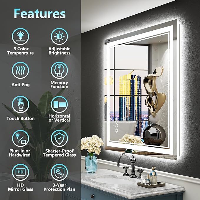 24x32 LED Bathroom Mirror with Lights, Backlit and Front Lit, Anti-Fog Lighted Vanity Mirrors for Bathroom Wall, Dimmable, 3-Color Light, Memory, Shatter-Proof, HD Tempered Glass, CRI＞90