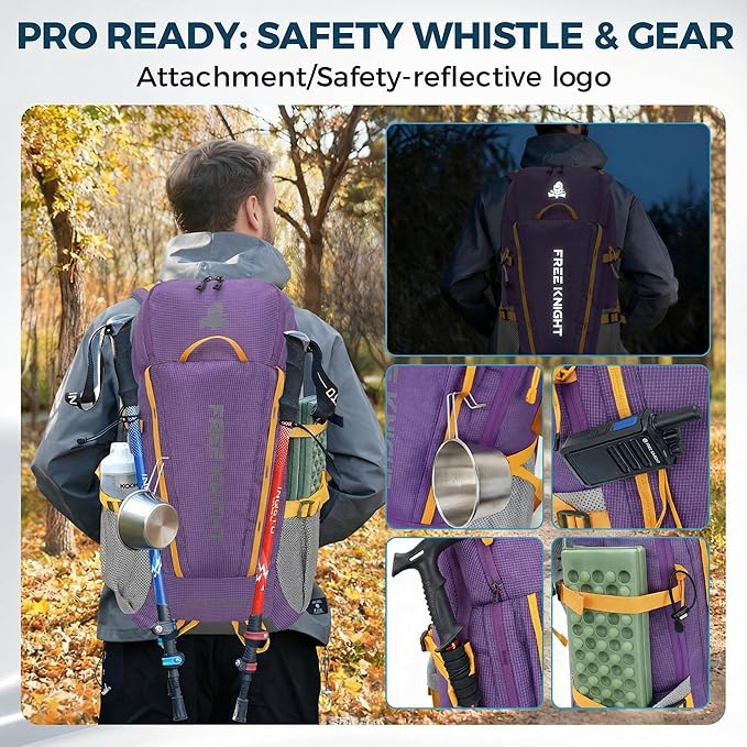 Bseash 45L Waterproof Hiking Camping Backpack with Rain Cover, Outdoor Sport Travel Bag Daypack for Climbing Skiing Cycling (Purple)