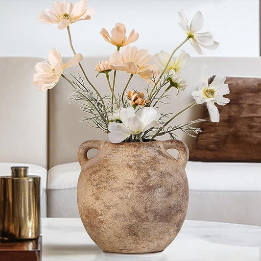 Rustic Vase - Small Vases for Pampas Grass - Farmhouase Decorative Wide Mouth vase for Bouquet, Lyeec Clay Pottery Terracotta Round Vases for Home Decor