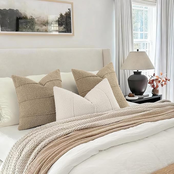 YCOLL Textured Boucle Throw Pillow Covers 22x22 Pack of 2 - Soft Neutral Striped Cushion Covers, Cozy Accent Decorative Pillow Covers for Couch, Sofa, Bed, Living Room (Taupe)