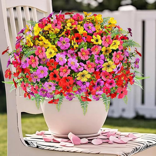 Artificial Faux Plants Flowers Outdoor Decoration,16 Bundles Fake Silk Colorful Daisy Eucalyptus Realistic UV Resistant for Outside Home Planter Porch Patio Yard Decor (Mix Purple Pink Yellow Red)