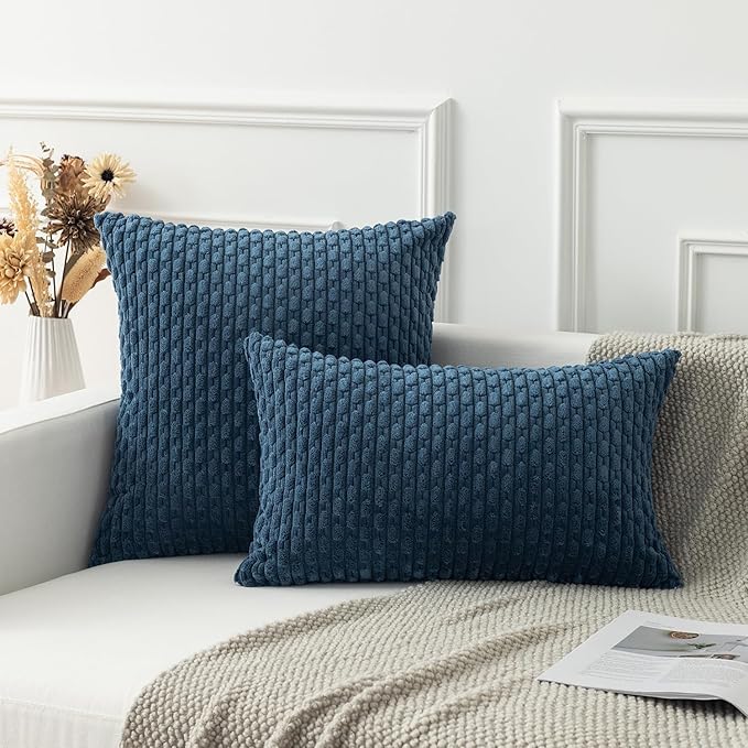 Kevin Textile Blue Throw Pillow Covers Soft Corduroy Decorative Set of 2 Boho Striped Pillow Covers Pillowcases Farmhouse Home Decor for Couch Bed Sofa Living Room 26x26 Inch