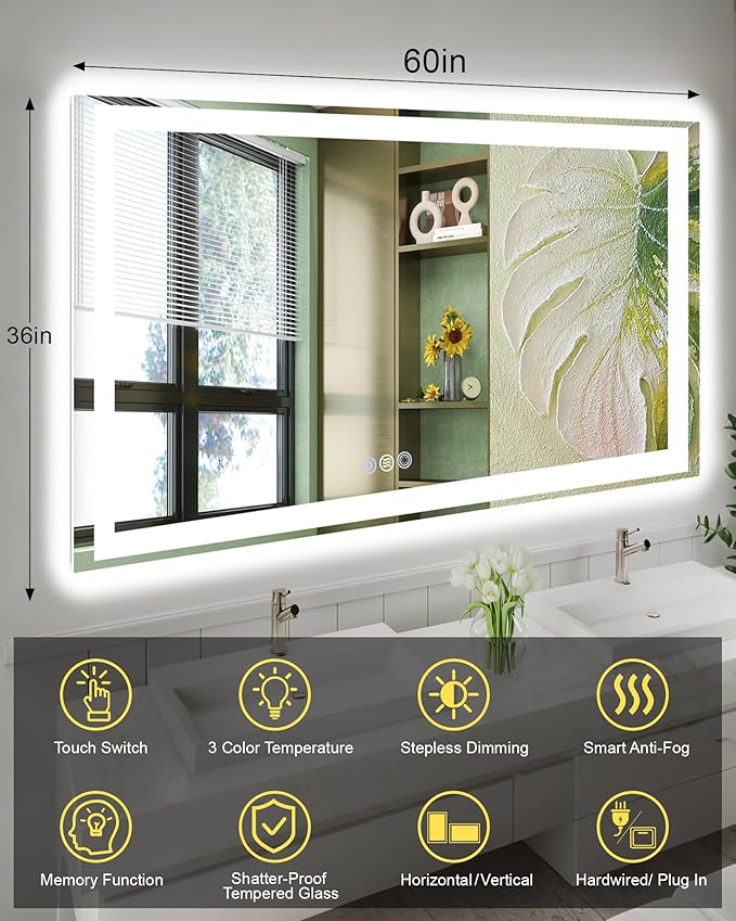 60"x 36" LED Bathroom Mirror with Lights, Front and Backlit Large LED Vanity Mirror, Controlled Separately Wall LED Smart Mirror with 3 Colors, Anti-Fog, Stepless Dimmable, Memory(ETL)