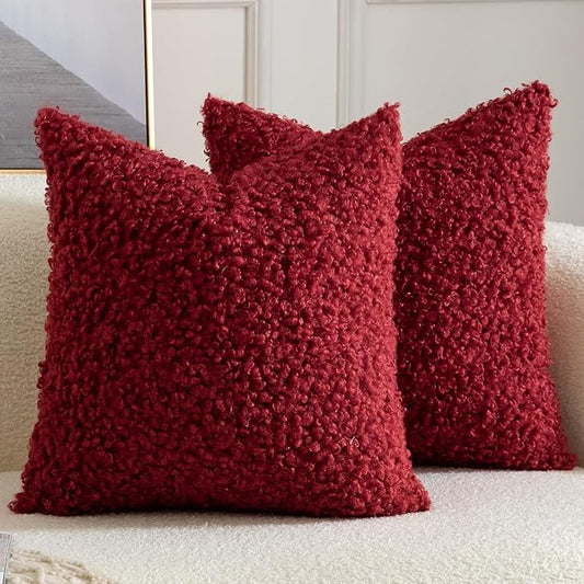 Yaertun Pack of 2 Faux Fur Throw Pillow Covers Decorative Sherpa Boucle Pillow Covers Fuzzy Soft Pillowcases Sheepskin Fleece Cushion Case for Couch Sofa Bed Living Room 18x18 Inch Burgundy