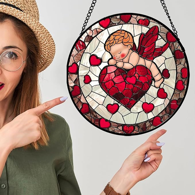 Stained Glass Window Hanging - Red Love Angel Sun Catcher for Door Garden Home Decor Cute Suncatcher Christmas Mother's Day Birthday for Women Men Mom Nana 11.8 in