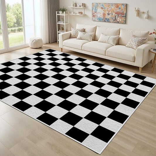 Black and White Checkered Rug for Living Room, 7x10 Area Rugs, Checkered Area Rug, Geometric Plaid Large Rugs, Washable Non Slip Retro Carpet Home Floor Decor