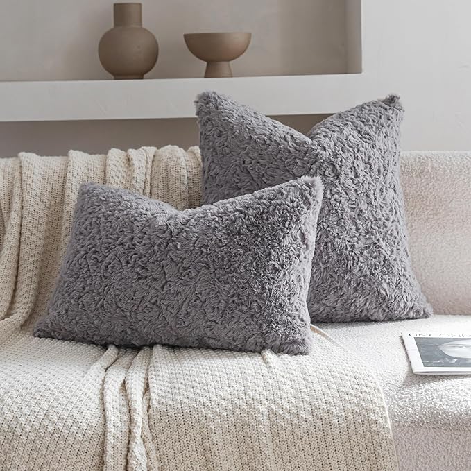Neelvin Set of 2 Faux Fur Throw Pillow Covers 12x20 Inch Darkgrey Cozy Soft Solid Decorative Pillowcases Thick Plush Sheepskin Cushion Case for Chair and Couch Sofa Bedroom