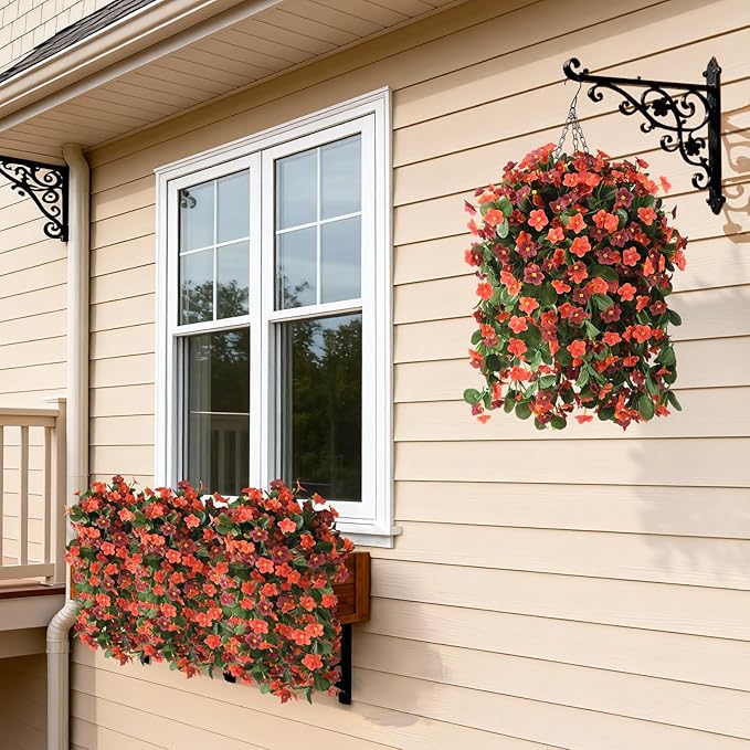 2 Pack Artificial Hanging Flowers, Fake Flowers Hanging Plant Violet Flower, Artificial Faux Silk Spring Flower for Wall Front Door Yard Garden Wedding Outdoor Decoration(Orange Brown)