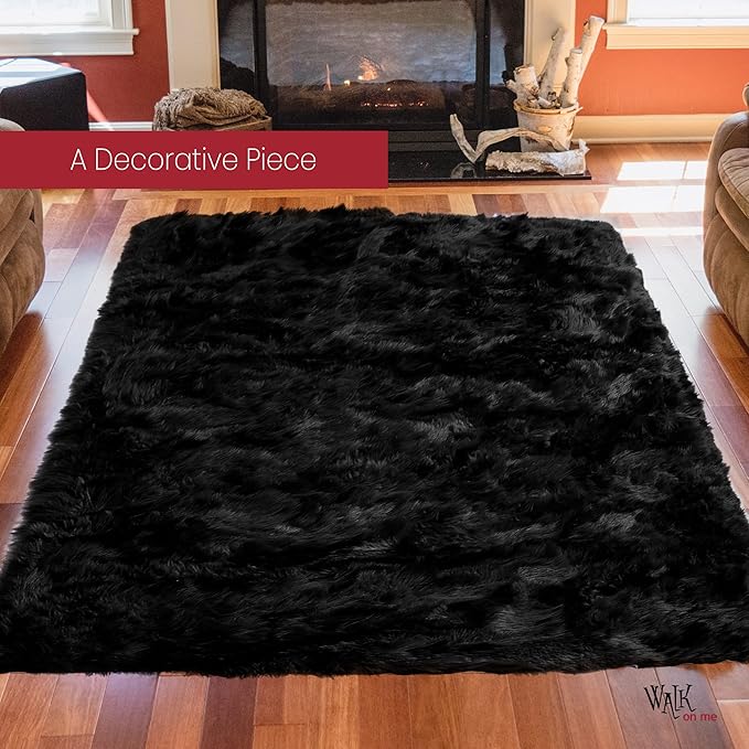Silky Soft Faux Fur Rug, Sheepskin Area Rug, Shaggy Rug for Living Room, Bedroom, Kid's Room, or Nursery, Home Décor Accent, Machine Washable with Non-Slip Backing (Black, Rectangle (5'x8'))