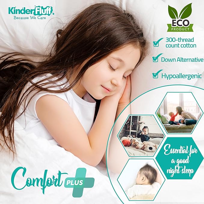 kinder Fluff Toddler Pillow (2-Pack) 10x15in– The Only 300TC Soft Cotton Pillow with Down Alternative Fill – Hypoallergenic, Machine Washable & Perfect for Kids 2+ Years- White- XS