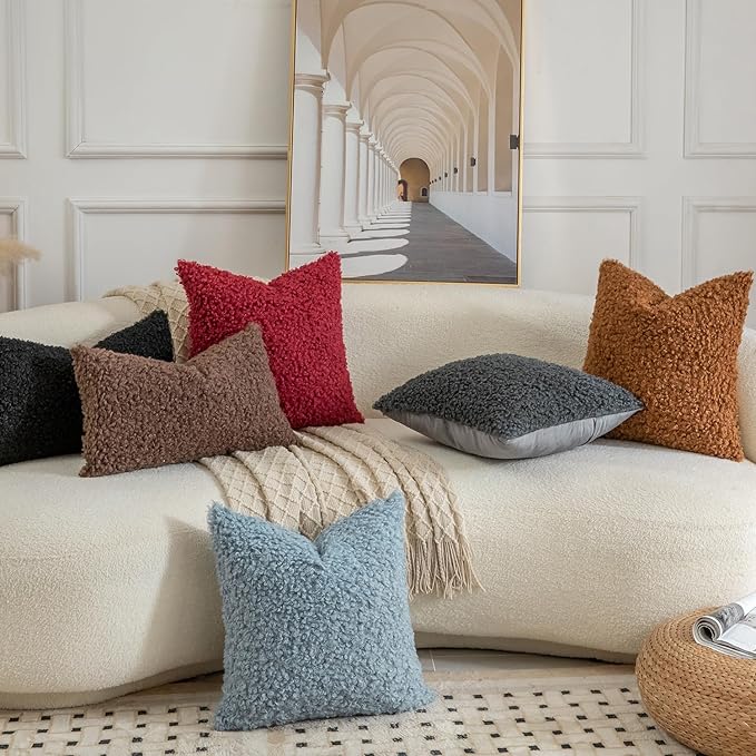 Yaertun Pack of 2 Faux Fur Throw Pillow Covers Decorative Sherpa Boucle Pillow Covers Fuzzy Soft Pillowcases Sheepskin Fleece Cushion Case for Couch Sofa Bed Living Room 22x22 Inch Light Blue