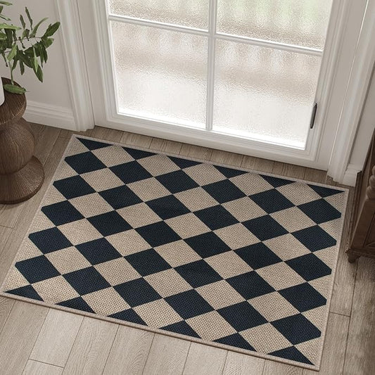 Easy Jute Checkered Entryway Rug, 2x3 Black Modern Indoor Outdoor Doormat, Washable Non-Slip Neutral Small Kitchen Rug Farmhouse Diamond Throw Rugs for Entrance Bedroom Bathroom