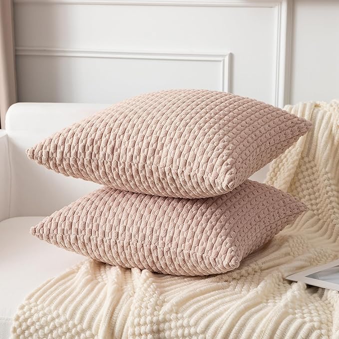 Kevin Textile 24x24 Pillow Covers 2 Packs Light Pink with Stripe Pattern Super Soft Corduroy Square Solid Cushion Cover Valentines Day Gifts for Couch Sofa Bedroom Living Room 60x60 cm