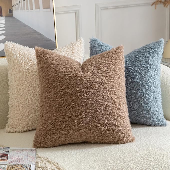 Yaertun Pack of 2 Faux Fur Throw Pillow Covers Decorative Sherpa Boucle Pillow Covers Fuzzy Soft Pillowcases Sheepskin Fleece Cushion Case for Couch Sofa Bed Living Room 18x18 Inch Khaki