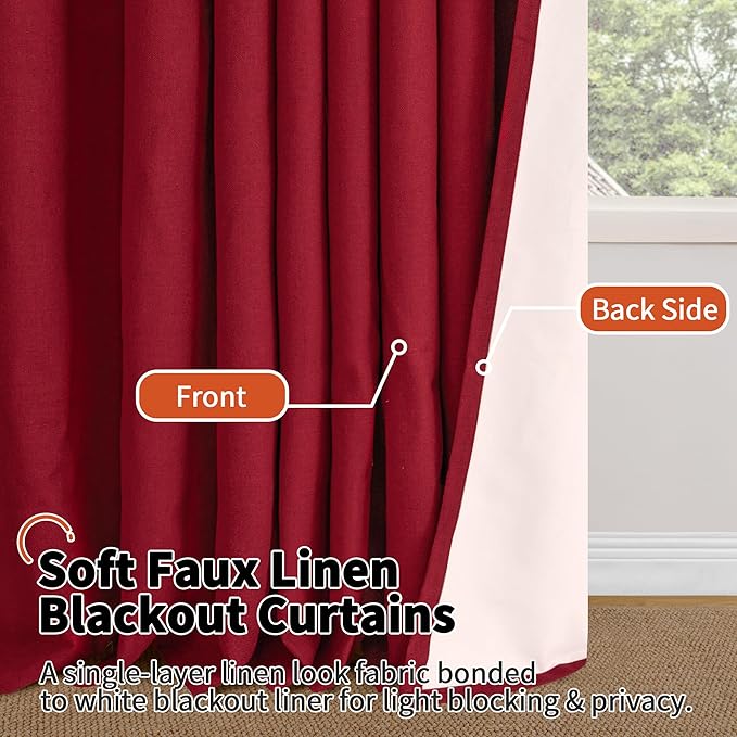 Lajode Red Christmas Linen Blackout Curtains 54 Inch Long 2 Panels, Cold Blocking Winter Thermal Insulated Curtains for Living Room Small Window Decor, Soundproof Curtains Each 52x54 Inch 2 Panels