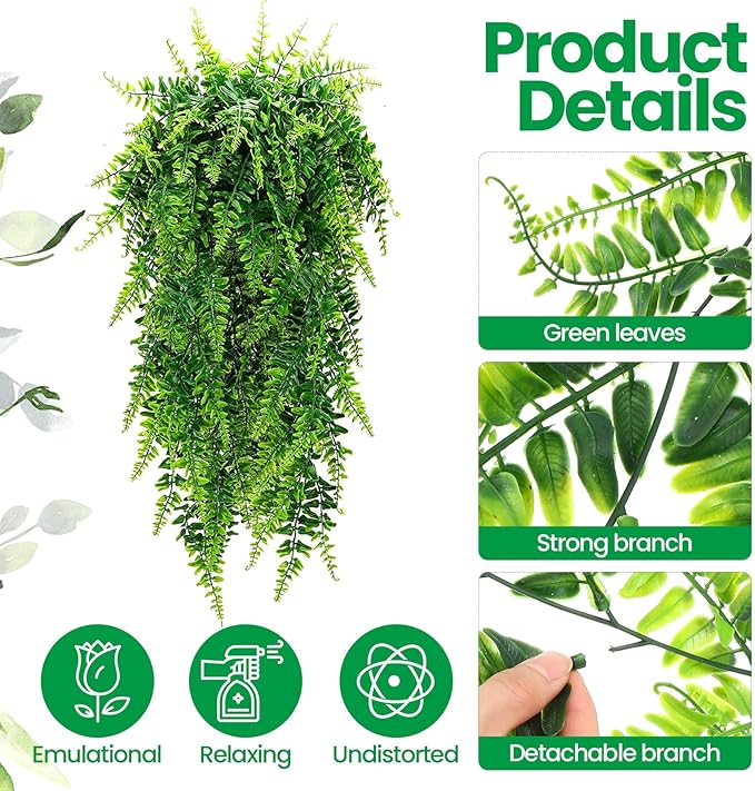 Geosar 116 Pcs Artificial Hanging Plants 32 Inch Hanging Boston Ferns Plastic Fake Plants for Wall Room Garden Wedding Garland Indoor Outdoor Decoration, No Basket