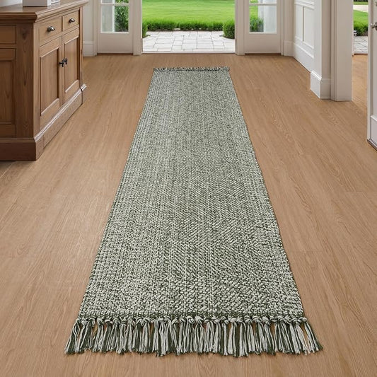 Collive Long Carpet Runners for Hallway 2x8ft, Washable Low Profile Front Entryway Rug Cotton Hand-Woven Kitchen Rug Runner, Olive Green/Cream Farmhouse Bedroom Rug for Laundry Room Entrance