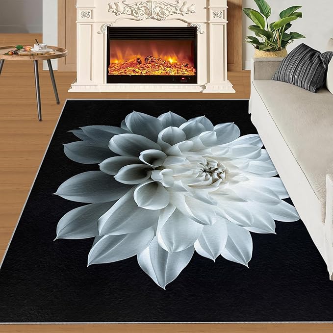 Petals Washable Area Rugs 3x5 Non-Slip Dahlia Living Room Rug White Flower Soft for Carpet Low Pile Indoor Door Mat & Room Decor