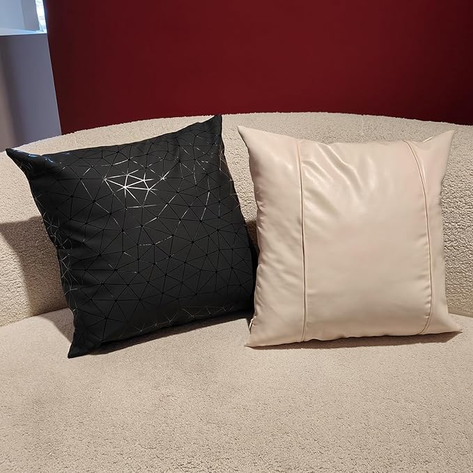 Faux Leather Throw Pillow Covers 16X16 Inch Black Stripe Outdoor Modern Farmhouse Solid Decorative Pillow Covers for Room Couch Living Bedroom Bed Sofa