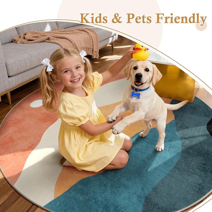 5 ft Abstract Round Rugs for Bedroom, Washable Non-Slip Circle Rug, Soft Colorful Low-Pile Floor Mat, Lightweight Indoor Throw Rugs for Living Room, Kidsroom, Entryway, Dining Room, Foyer