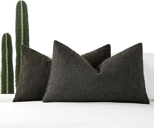 Boucle Decorative Lumbar Pillow Covers for Couch Set of 2, 12x20 inches, Dark Coffee