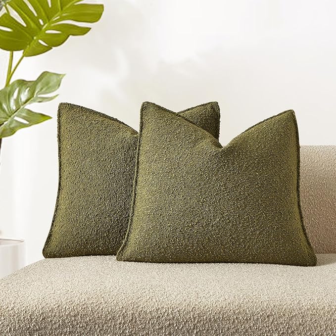 JUSPURBET 24x24 Pillow Covers Set of 2 Decorative Throw Pillow Covers Case for Couch Sofa Bed Soft Boucle Textured Cushion Covers with Hidden Zipper for Home Decor Living Room,Olive Green