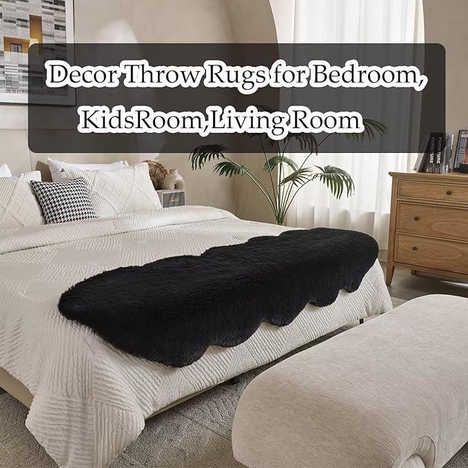 1700GSM Fuzzy Faux Sheepskin Fur Area Rug,Extra Soft Faux Fur Mat,Fluffy Shaggy Fur Rug for Bedroom Living Bedside Rug Room Decor-Black, 2 x 3 ft