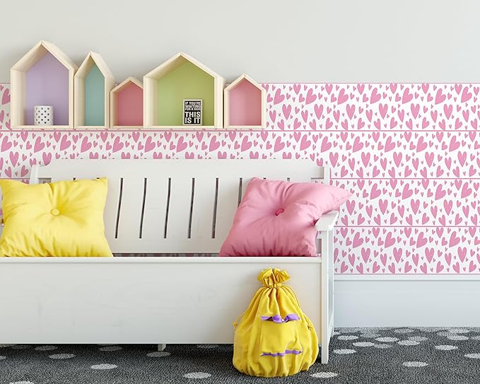 FLFK Pink Heart Wallpaper Border - Peel and Stick Wall Paper, Self Adhesive Removable PVC Borders Sticker, Modern Waterproof Trim for Home Decor, 9" x 240"