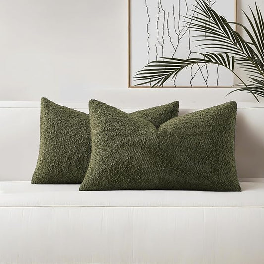 HAUSSY Set of 2 12x20 Decorative Throw Pillow Covers, Soft Cozy Textured Boucle Lumbar Pillow Cases, Home Decor for Couch Bed Living Room, Moss Green