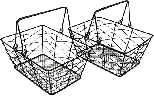 CVHOMEDECO. Metal Wire Fruit Baskets, Set of 2, Black, Rustic, Oval, Sturdy, Open Top, Powder Coated, Kitchen Hanging Baskets
